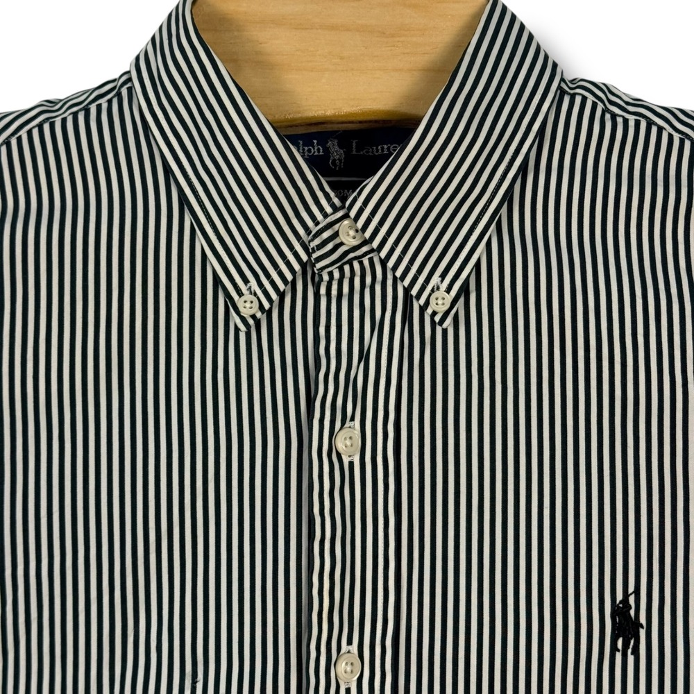 Vintage Ralph Lauren Button Down Shirt Men Large Black White Striped Custom Fit - Picture 5 of 10